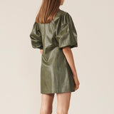 Vegan Leather puff sleeve mini dress in dark green