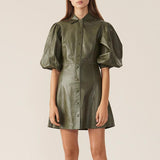 Vegan Leather puff sleeve mini dress in dark green