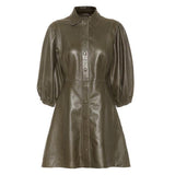Vegan Leather puff sleeve mini dress in dark green